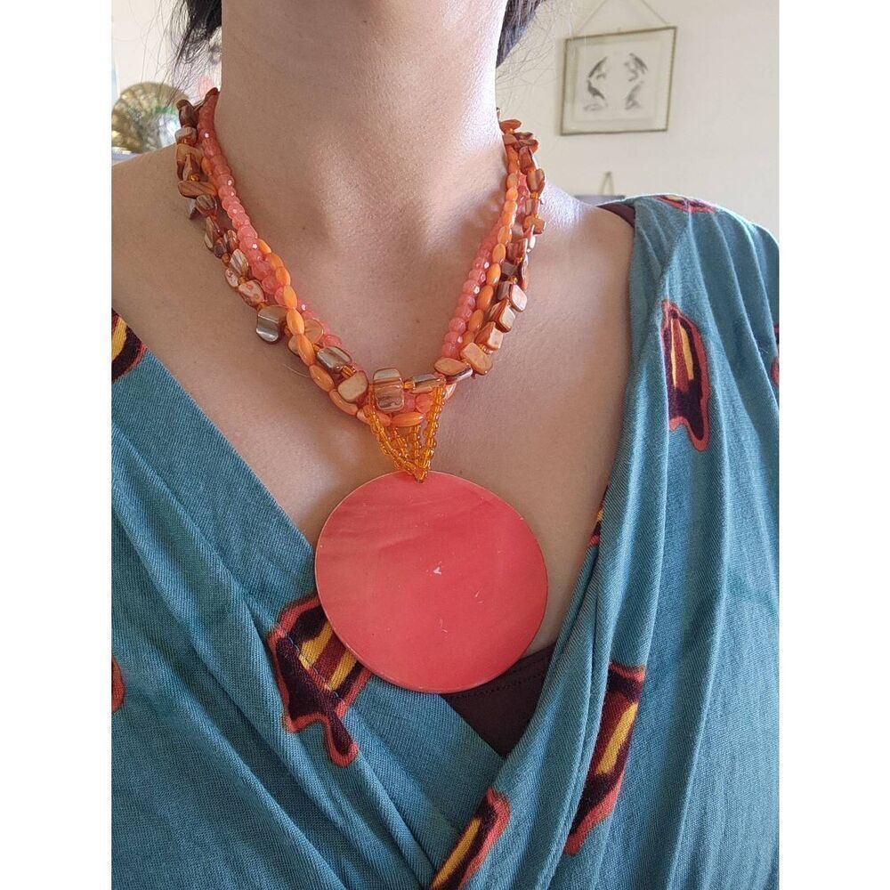 Orange bead necklace coral beach y2k 3 strand large circle pendant sun tropical